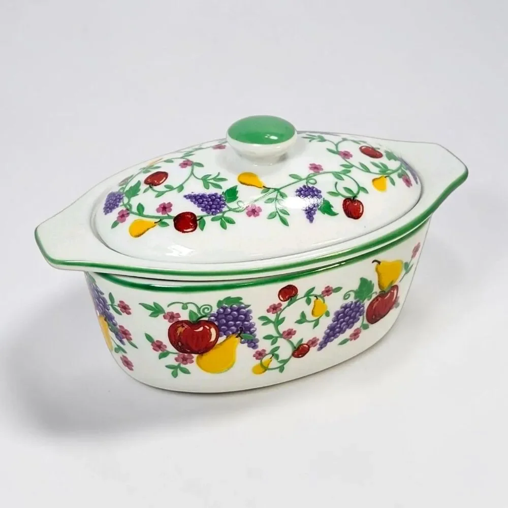 Cook Street Butter Boat 3pc Fruit Floral Covered Dish Vintage Cottagecore Farm